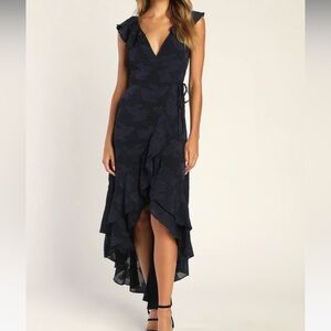 NWT Lulu’s Adorable Aura Navy Blue Floral Burnout High Low Wrap Dress!